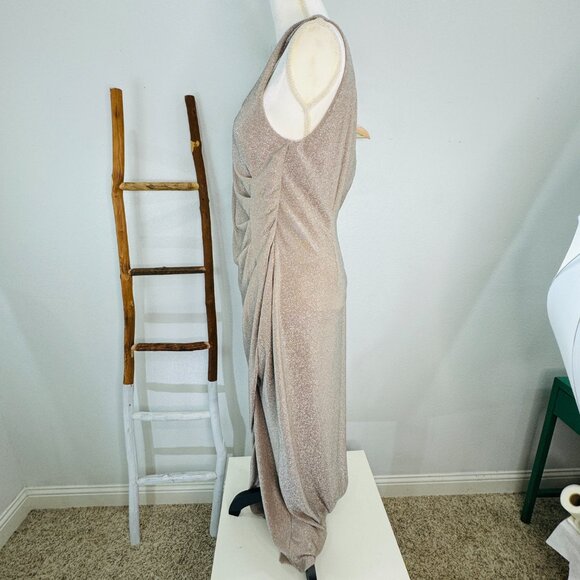 ADRIANNA PAPELL Gold Maxi Glitter Knit Lined Formal Gown Women SZ 14 Champagne - Picture 5 of 15